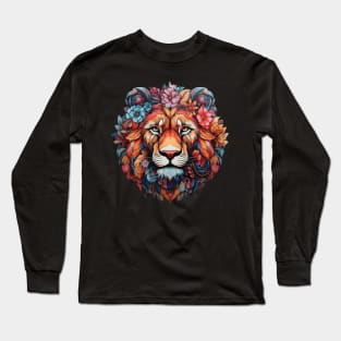 Lion Colorful Floral Illustration Long Sleeve T-Shirt